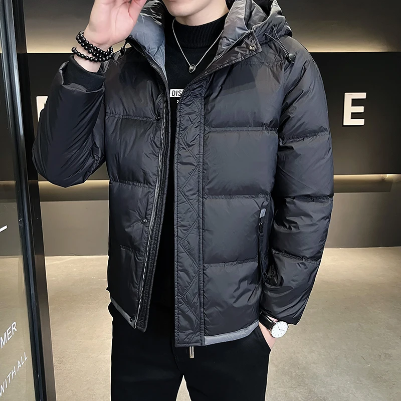 New 2024 Autumn Winter Men's Casual Black Color Hooded Duck Down Jackets Outwear Warm Puffer Coat Windproof Down Padded Clothing