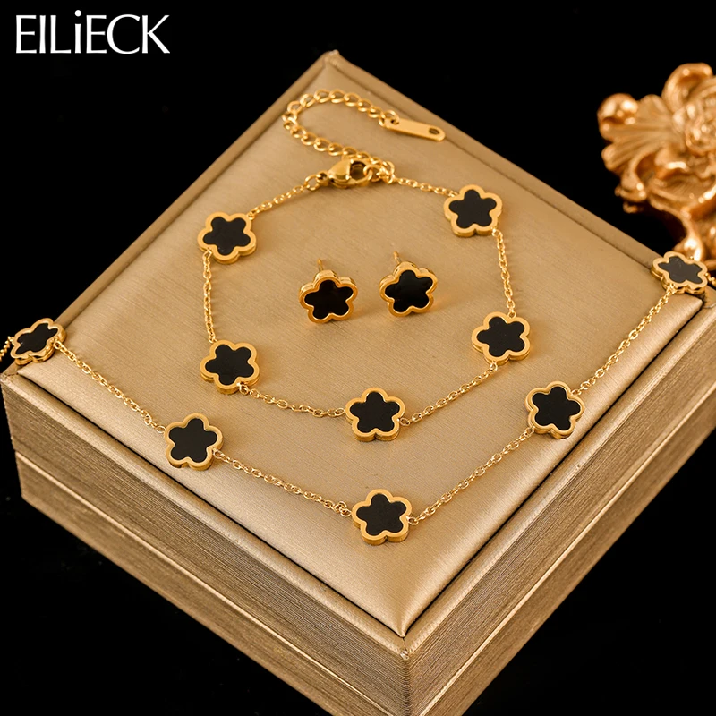 EILIECK 316L Stainless Steel Black Leaf Clover Necklace Bracelets Earrings Set For Women New Trendy Gift Waterproof Jewelry Set