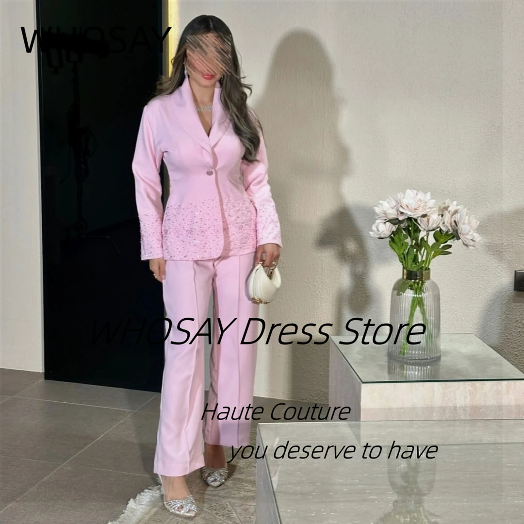 

WHOSAY Two Pieces Evening Dresses V Neck Beaded Long Sleeves Evening Gowns Pant Suits Women Wear Special Party Dress Customized
