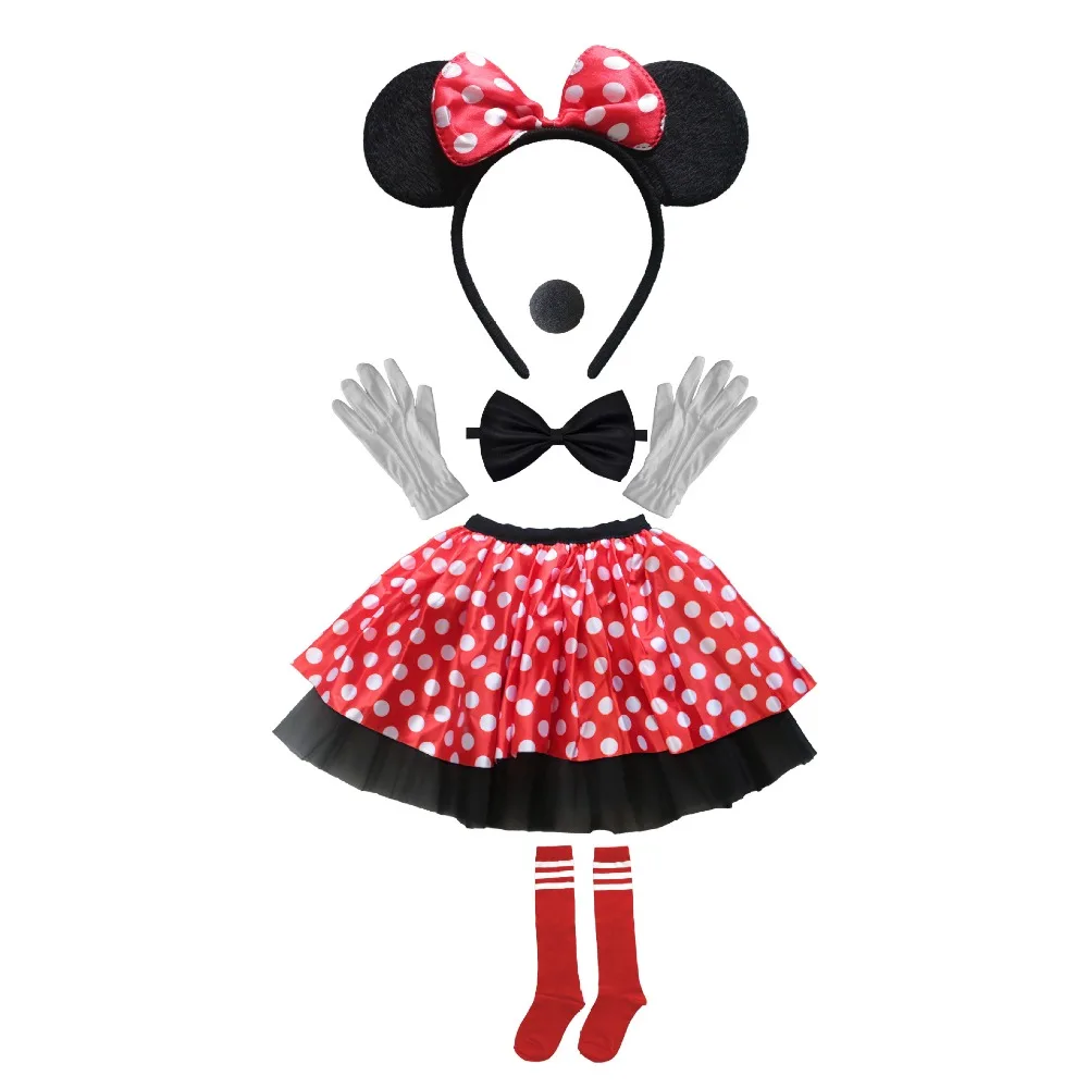 6pcs Mouse Ears Headband Girls Nose Headpiece Skirt Socks Bow Tie Headwear Halloween Costume Birthday Dress Up Accessories
