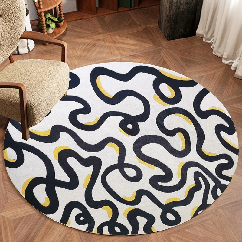 Round Rug, Black and White Curved Design Floor Carpet for Living Room, Modern Home Decor Accent
