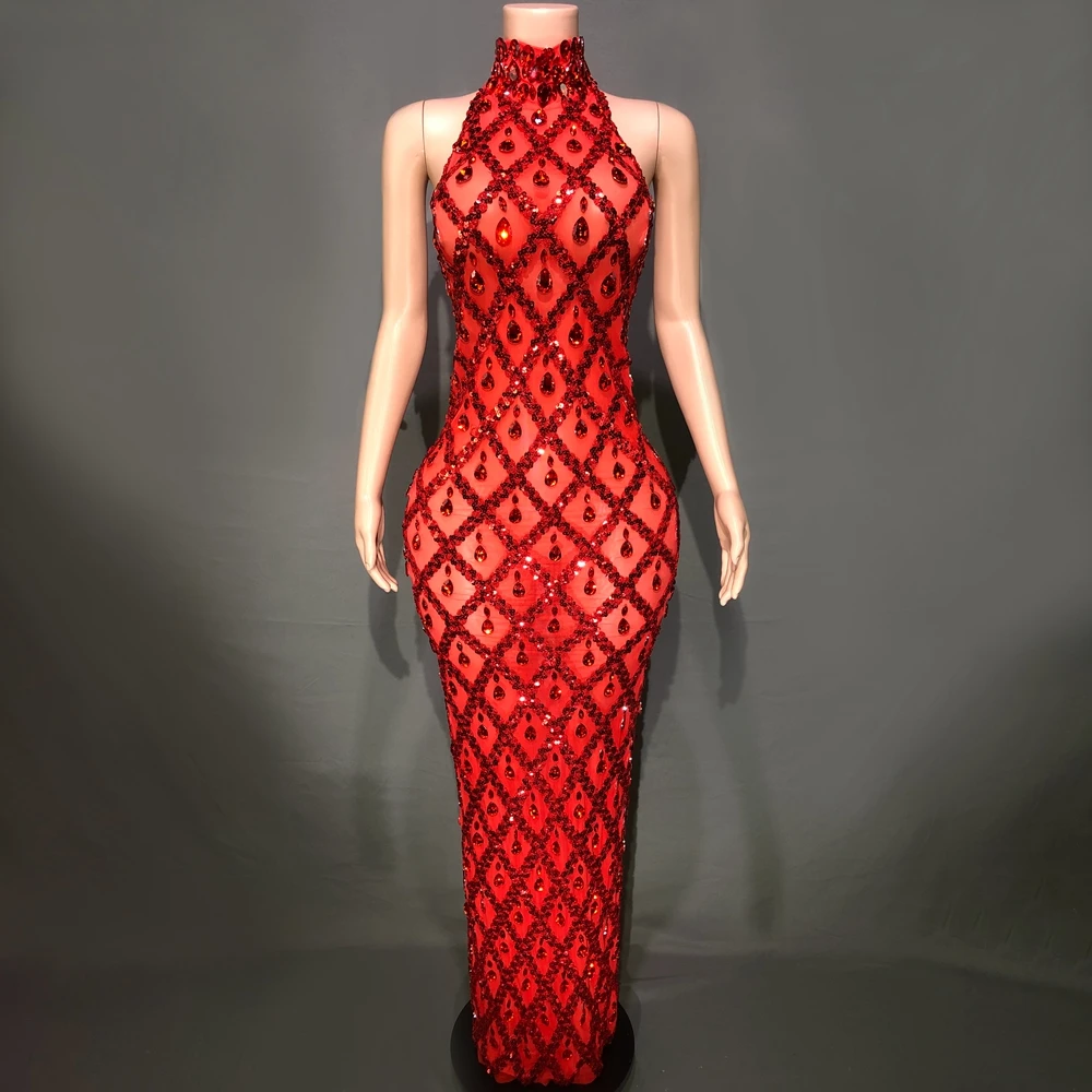 

Elegant Red Mesh Celebrate Evening Wedding Prom Birthday Dress Sparkly Rhinestones Sleeveless Long Dress Photo Shoot Wear