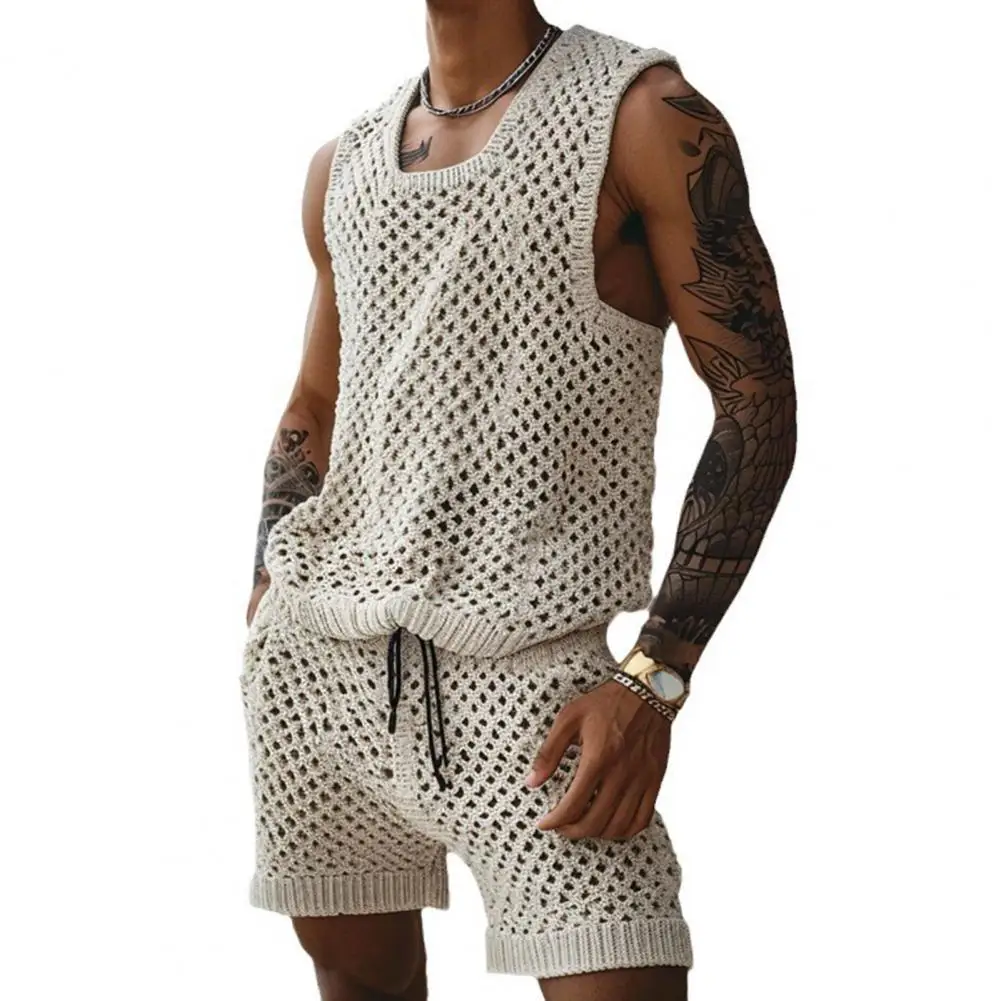 Vest Shorts Set Men's Casual Sleeveless Knit Top Drawstring Shorts Set Short-sleeved Shirt Elastic Shorts for Daily for Summer