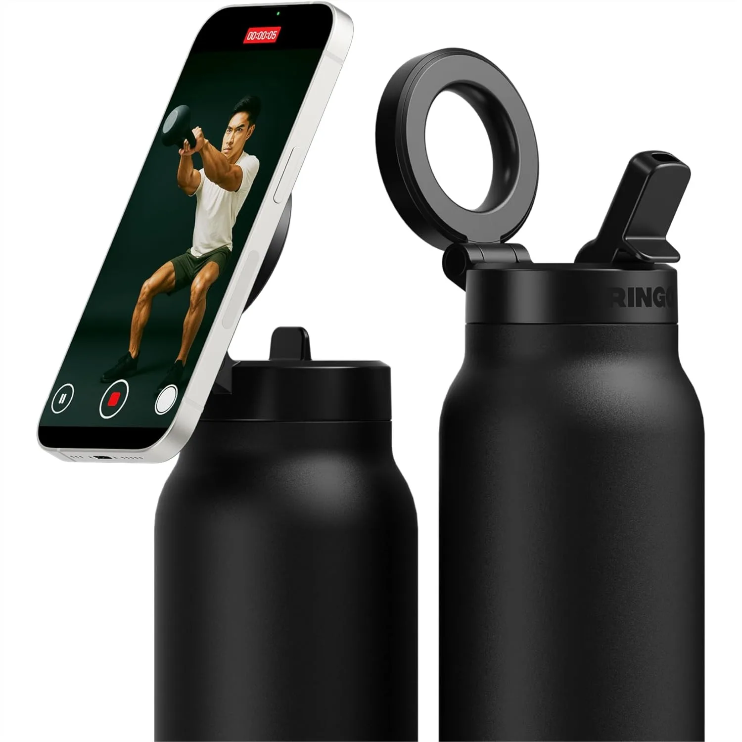 

Insulated Stainless Steel Water Bottle with Magnetic Phone Mount & Sip Straw Lid, 12Hrs Hot/24Hrs Cold, Leak-Proof, 24oz Black