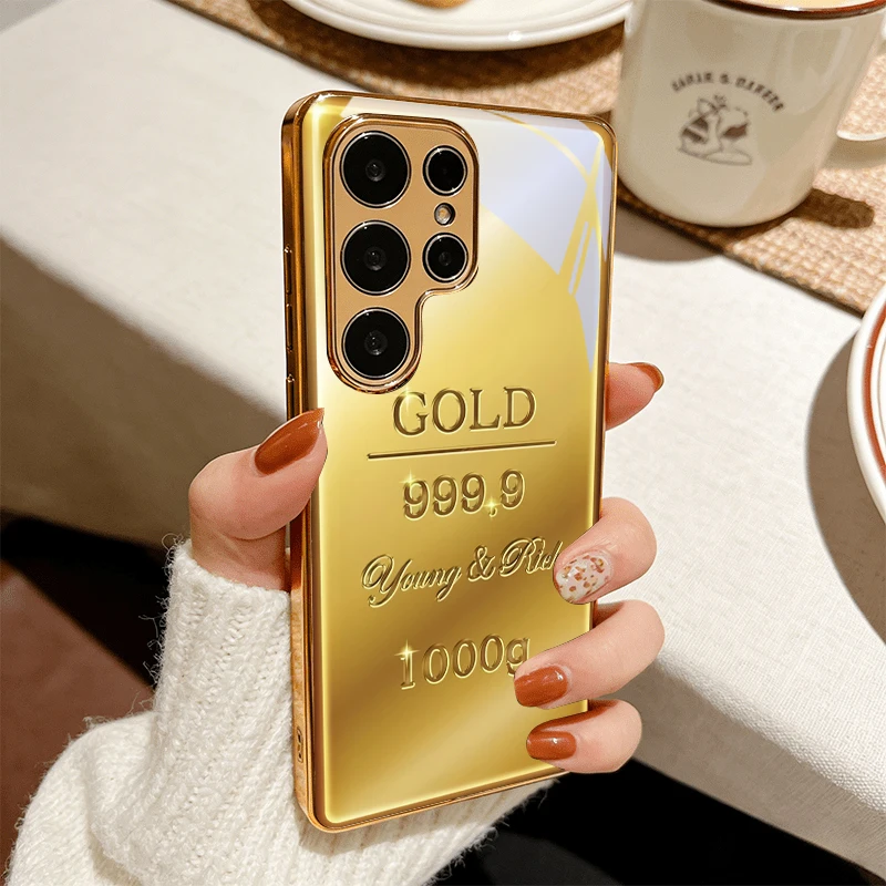 Luxury Gold Bar Electroplated Golden Phone Case For Samsung Galaxy S25 S24 S26 S23 S22 S21 S20 Ultra Plus FE S26+ Glass Cover