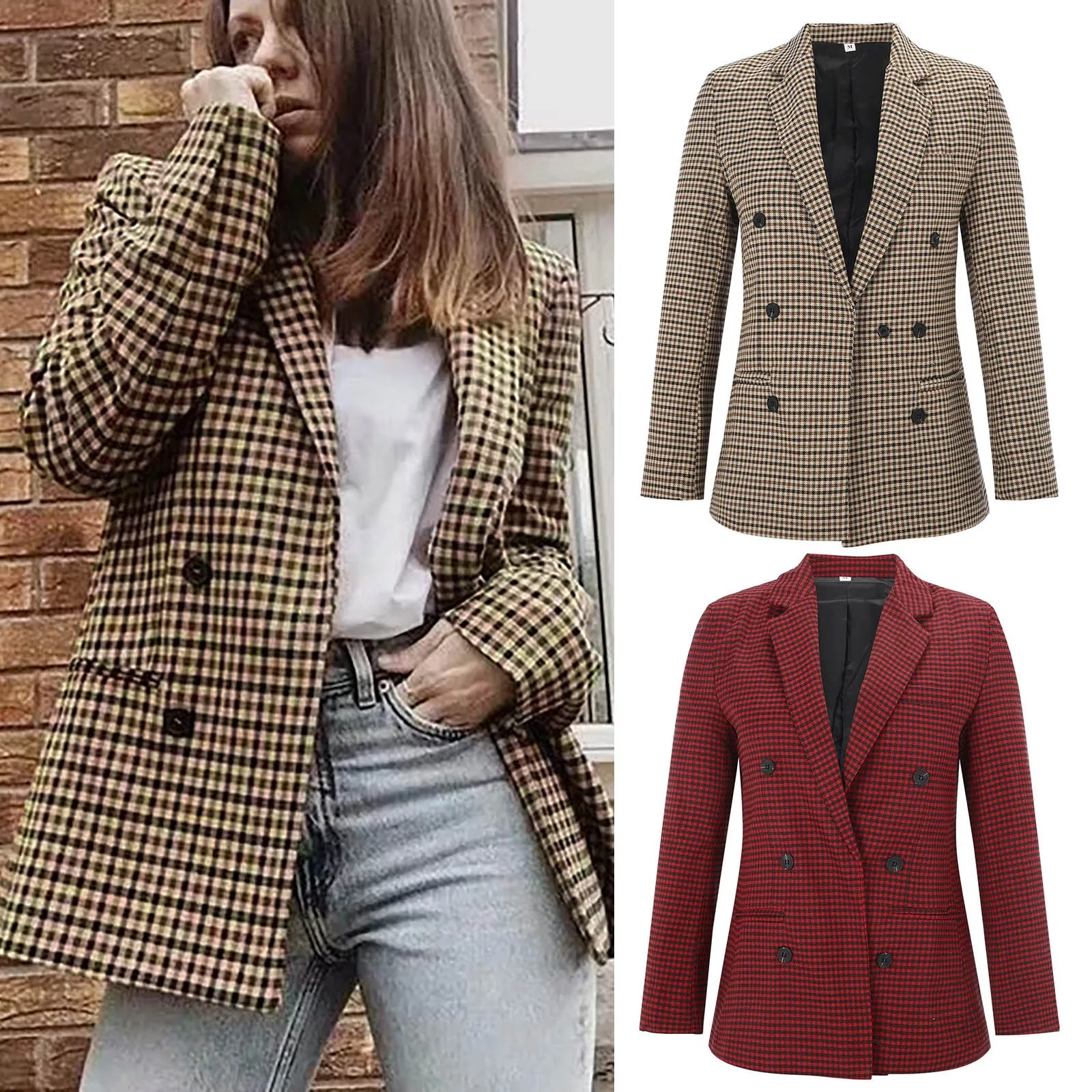 New Blaser Coat Vintage Houndstooth Women Woolen Blazer Double Breasted Plaid Female Suit Jacket Fashion Korean Outerwear Loose