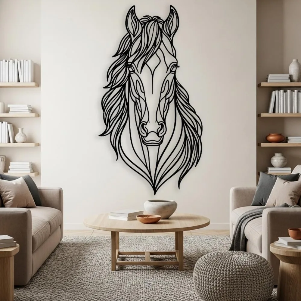 Flat Vertical Horse Head Metal Wall Art,Laser‑Cut Iron Silhouette, Powder‑Coated Rust‑Resistant Large Horse Line Art Wall Decor