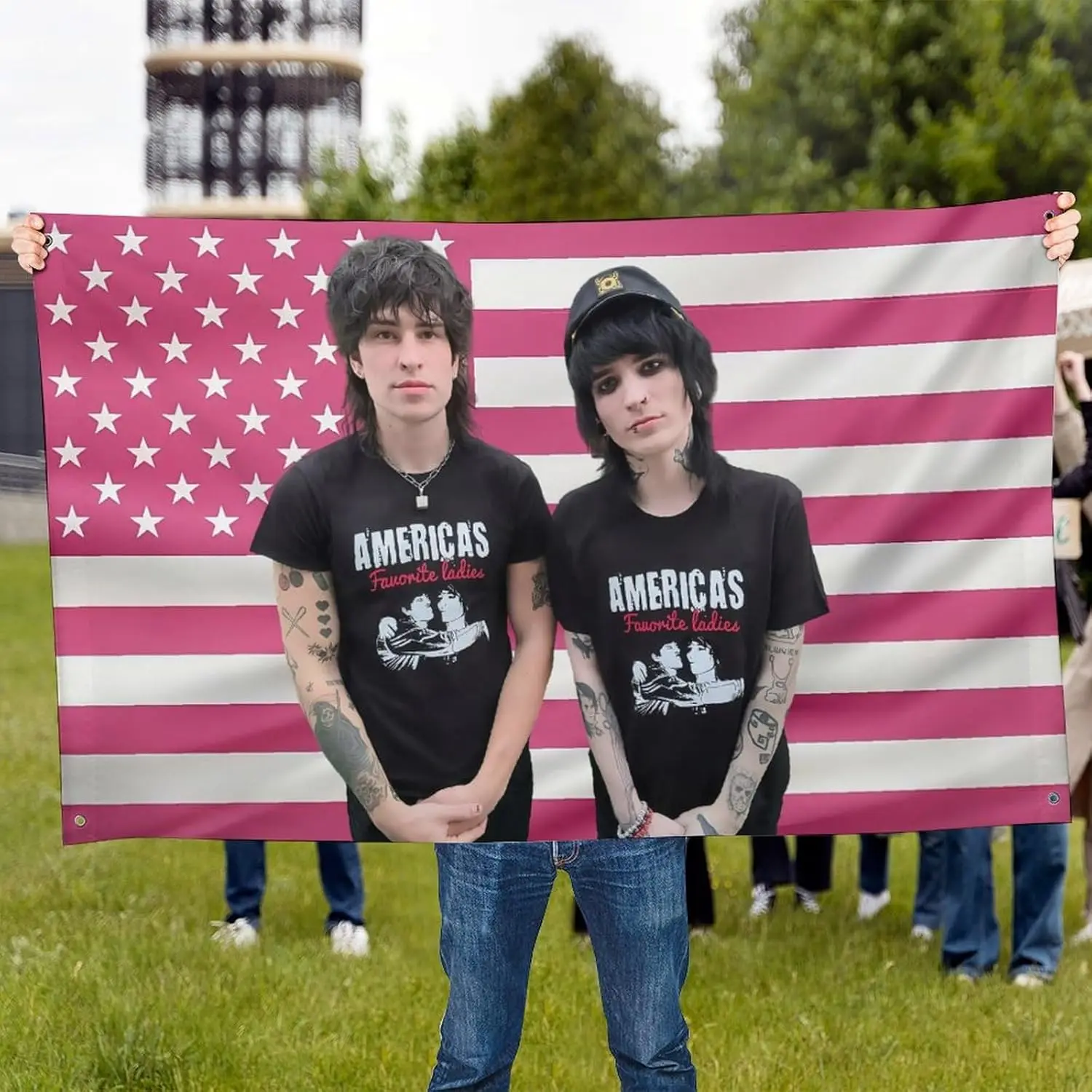 Pink America Funny Cameron Jake And Star Johnny Flag Poster with 4 Brass Grommets for College Dorm Decor, Room Decor Merch Gift.