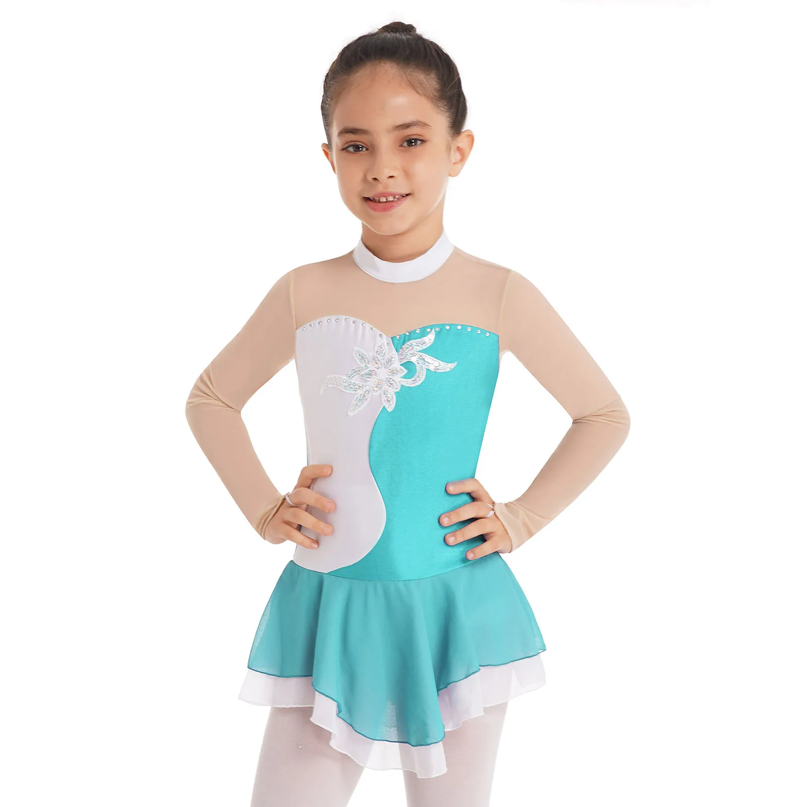 Girls Figure Ice Skating Dress Kids Long Sleeve Rhinestone Competition Costumes Mesh Splice Ballet Dance Leotard Tutu Dresses