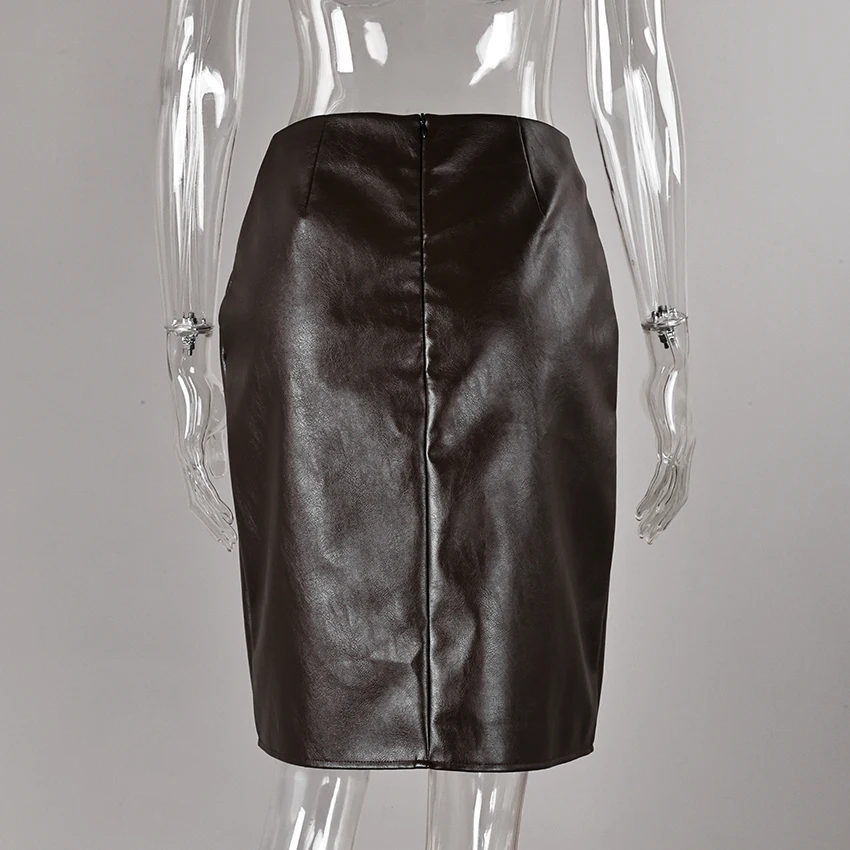 Linad Street Chic Brown PU Split Skirts Women 2026 Fashion Slim High Waist Straight Skirts Casual Knee Length Skirt Female Fall