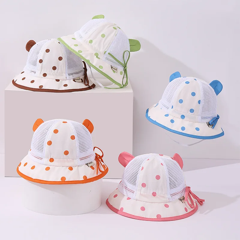 2024 Summer Cute Dot Princess Hat Girls Sun Protection Breathable Mesh Hats Baby Bucket Caps Toddler Headwear Accessories 6-18M