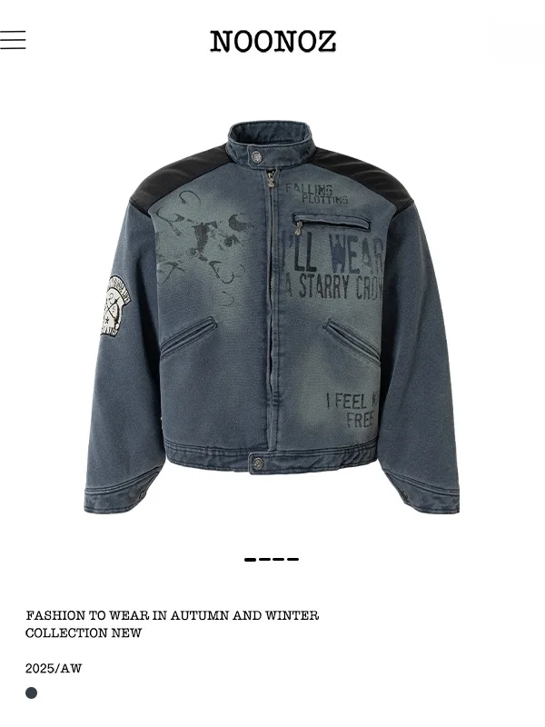 

Noonoz Winter American Retro Leather Patchwork Spray Painted Cotton Jaet Men's Trendy Neutral Sle Stand Collar Cotton Clo...