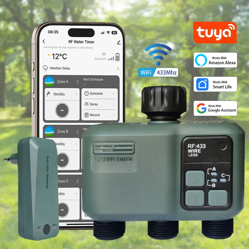 

Tuya RF433+Wifi 3-outlet Digital Water Timer Independent Programming Control Adjustable Sprinker 1640FT Garden Lawn Irrigate