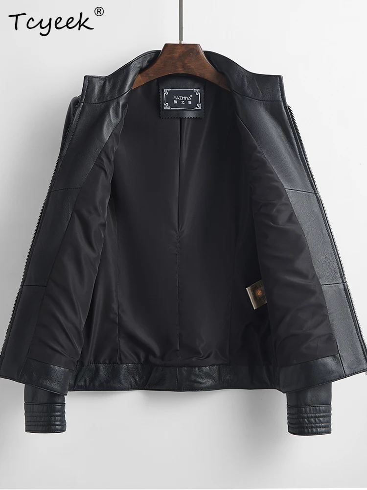 Tcyeek Chaqueta de Cuero de piel de oveja para mujer primavera otoño cuello levantado de manga larga Chaqueta corta negra para motocicleta Chaqueta Cuero