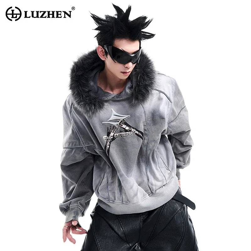 LUZHEN Autumn Winter Fur Collar Hooded Sweatshirt Pullovers High Street Fashion Wornout Sport Jackets 2024 New Clothes LZ6274