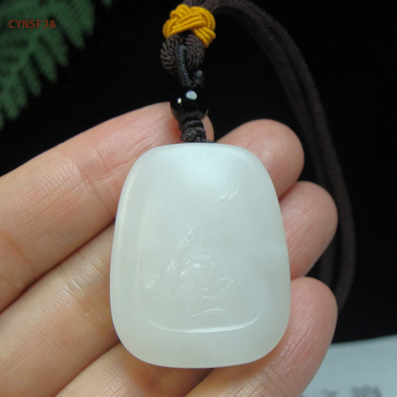 

CYNSFJA New Real Rare Certified Natural Hetian Mutton-fat Nephrite Unisex Lucky Amulet Lotus Jade Pendant Hand Carved Bless Gift