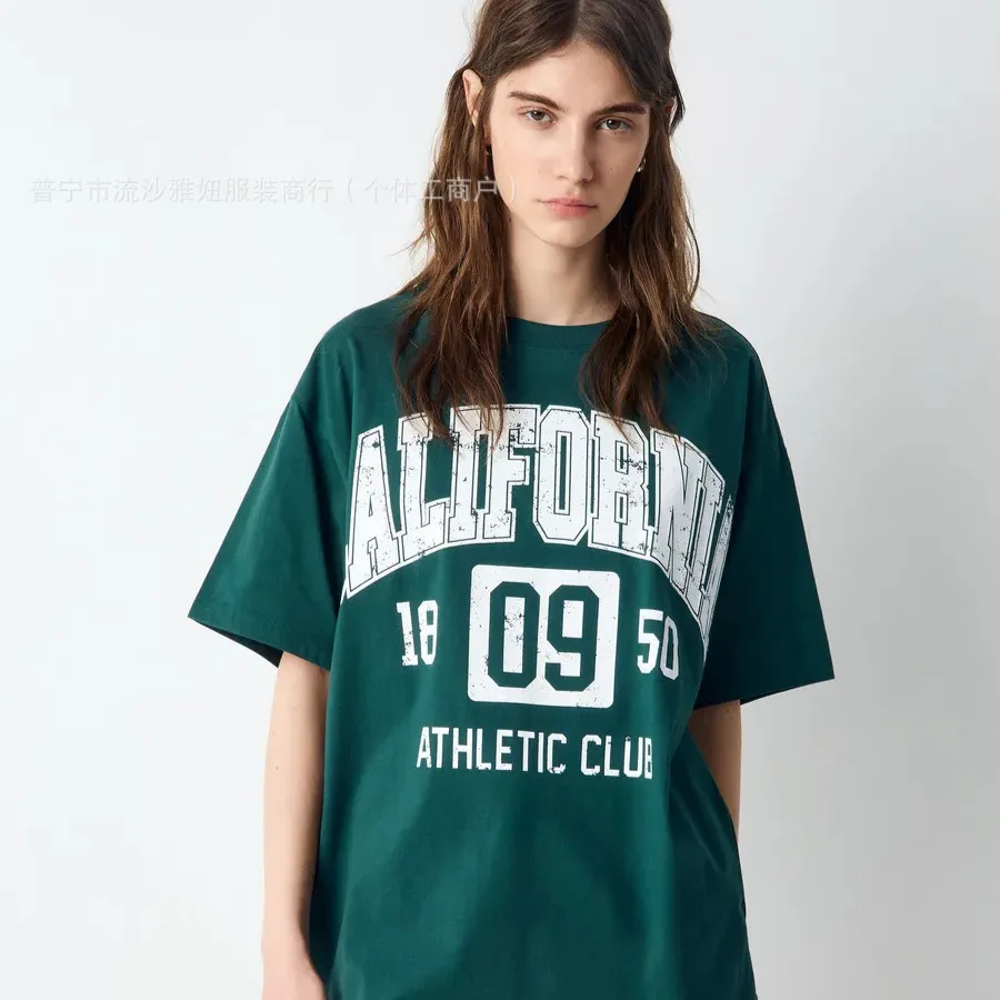 Винтажная хлопковая футболка оверсайз темно-зеленого цвета с принтом California Athletic Club 1850, в стиле американского университетского кампуса, для женщин
