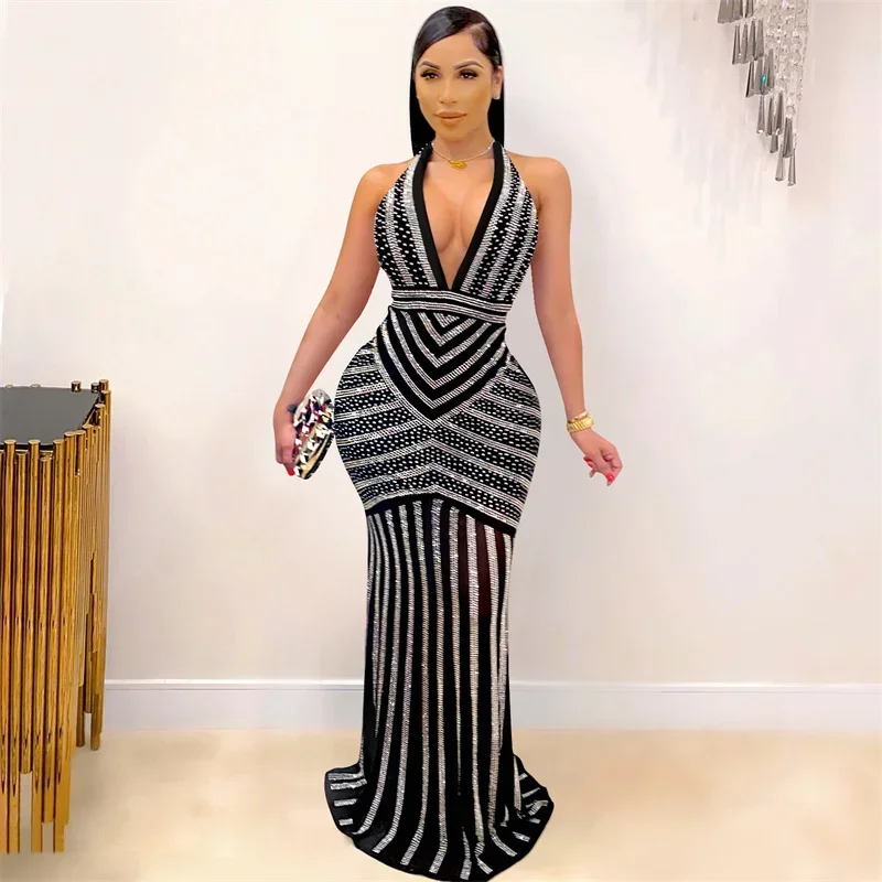 

Fall Diamonds Hot Rhinestones V-neck Women See Through Strap Sleeveless Bodycon Long Dress Sexy Club Party Evening Maxi Dresses