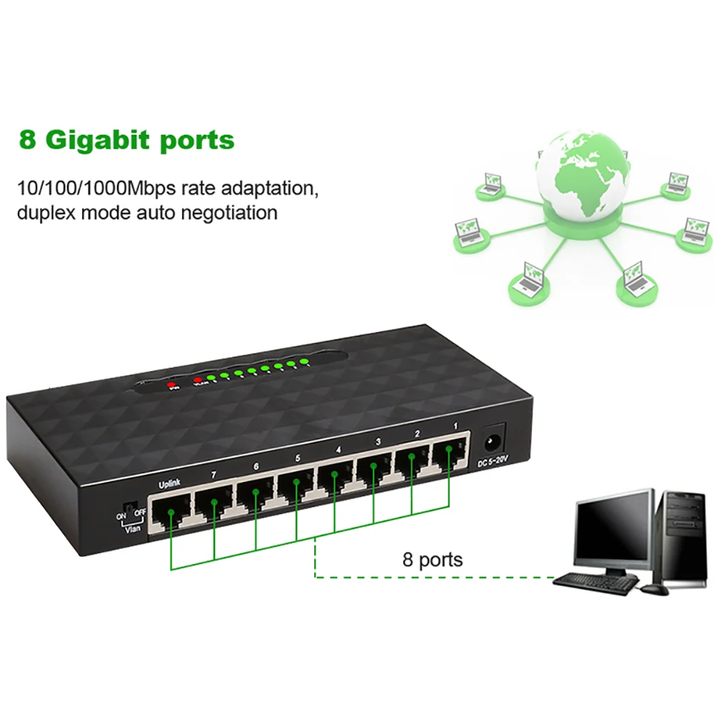 8 Port 10/100/1000Mbps Network Switch Ethernet Gigabit Switcher High Performance RJ45 Lan Internet Splitter Plug and Play