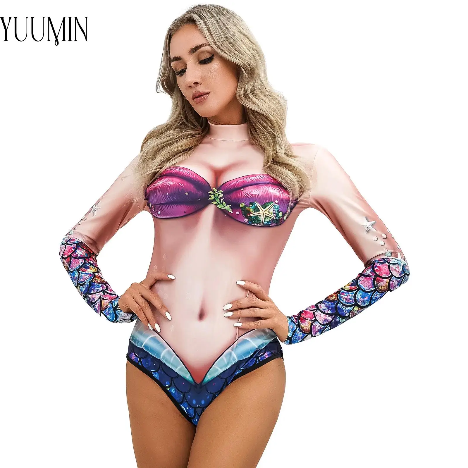 

Womens Surfing Swimwear Stand Collar Long Sleeves 3D Stylish Print Closure Jumpsuit Swimming Bathing Beach Polol Party Clothes