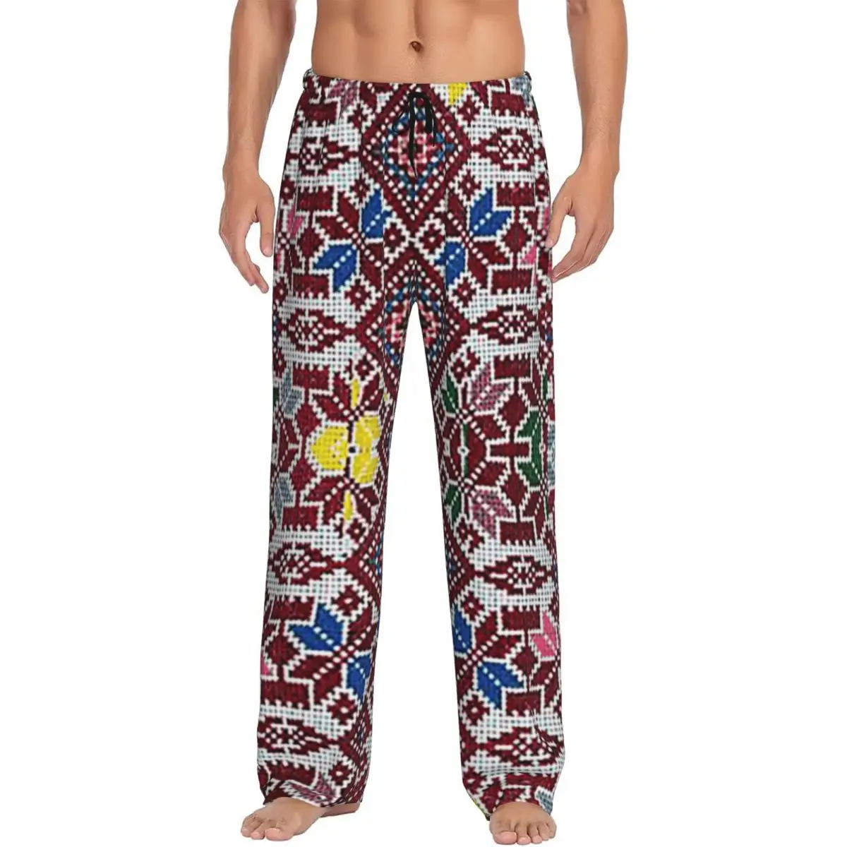 Custom Embroidery The Palestinian Traditional Tatreez Pajama Pants Men Sleepwear Sleep Lounge Bottoms with Pockets