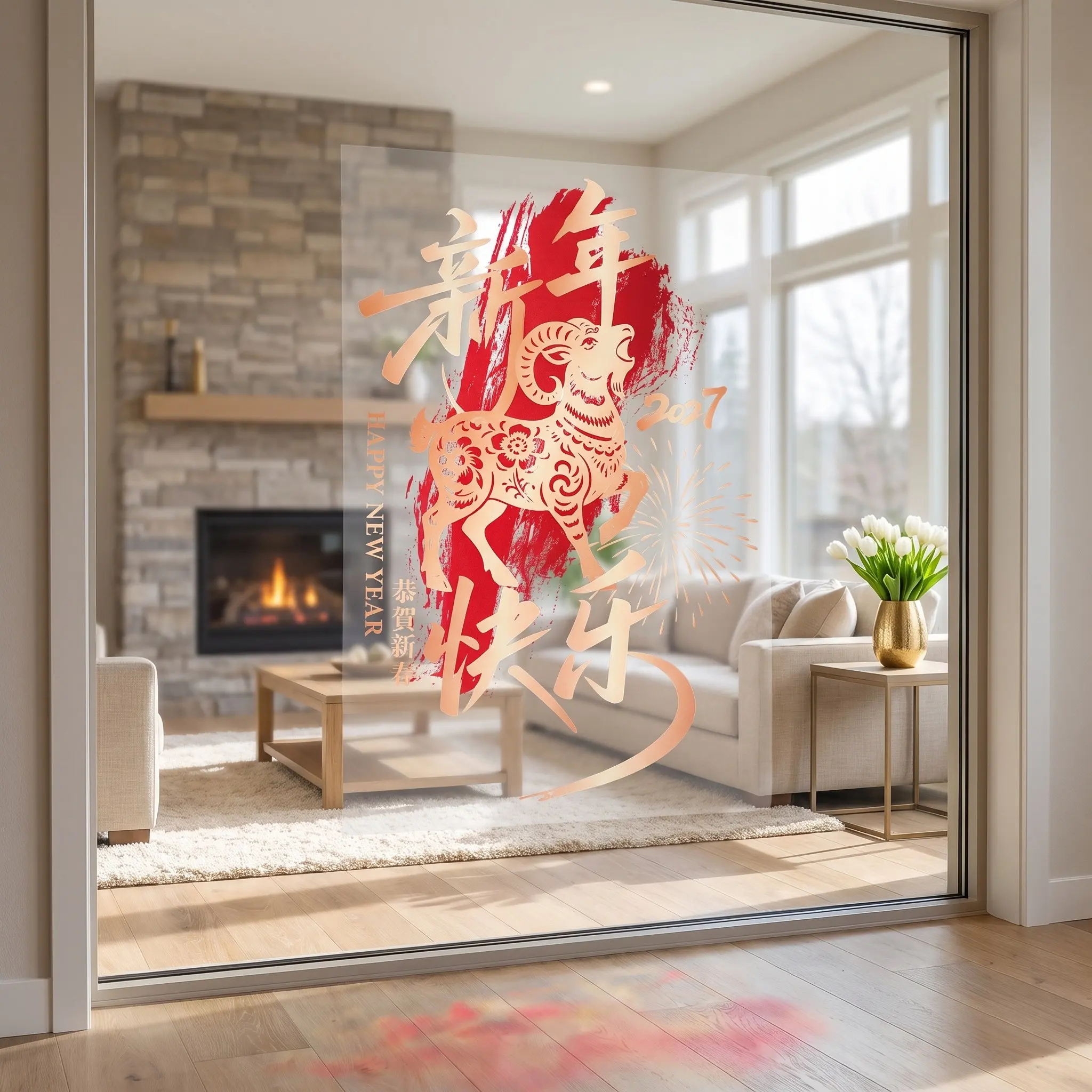 Red PVC Goat Zodiac Window Flowers Stickers Room Spring Festival Lunar New Year Decoration Room Window Decal