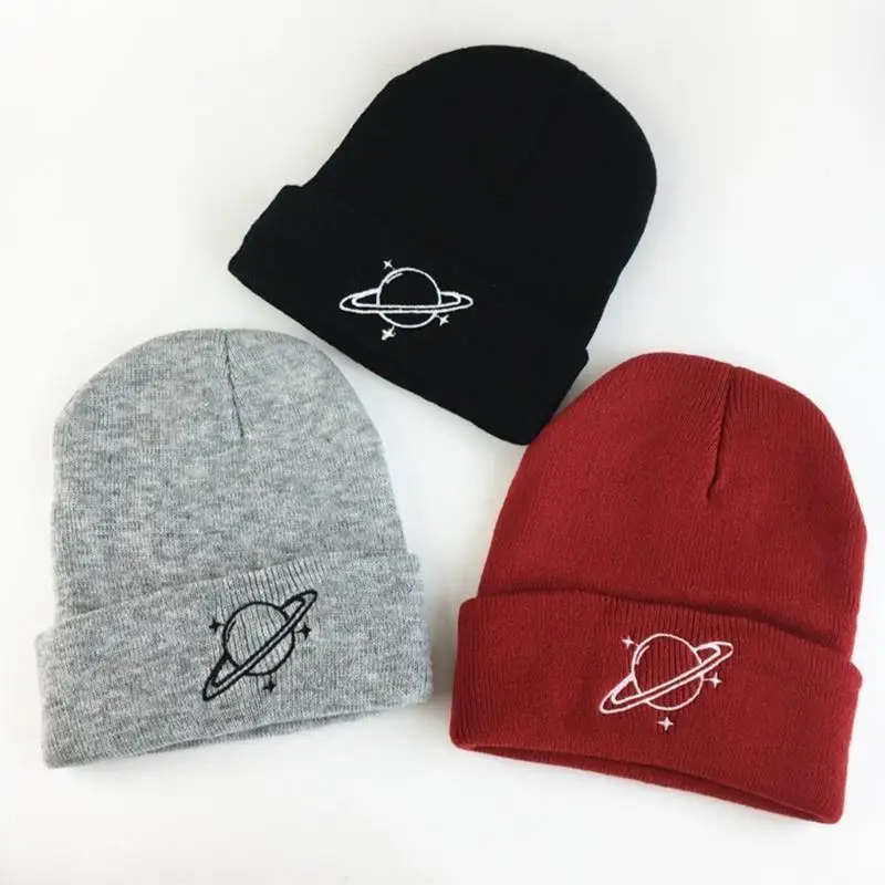 

652F Adult Embroidery Planet Hat Outdoor Windproof Handmade Crochet Beanie for Girls