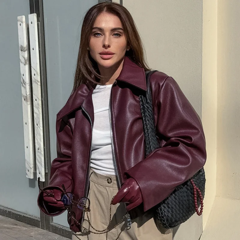 

Women's Clothes 2025 New Arrival Coat Motorcycle Inspired Loose Fit Leather Outerwear for Autumn Winter Top Jacket