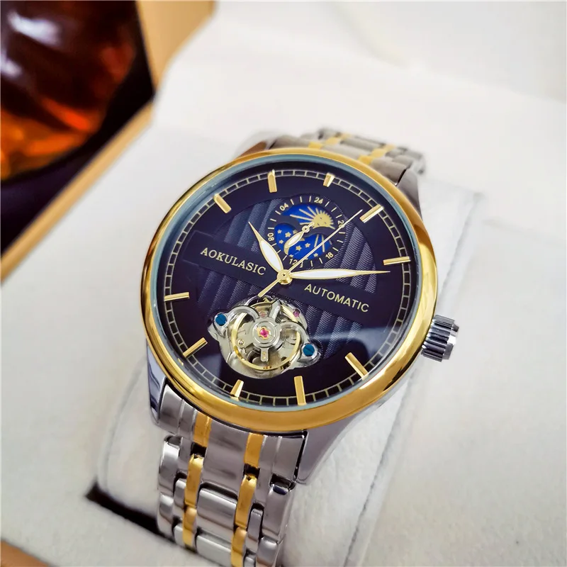Stainless Steel Moonphase Tourbillon Luminous Waterproof Solid Steel Band Self-Wind Automatic Mechanical Watch for Men