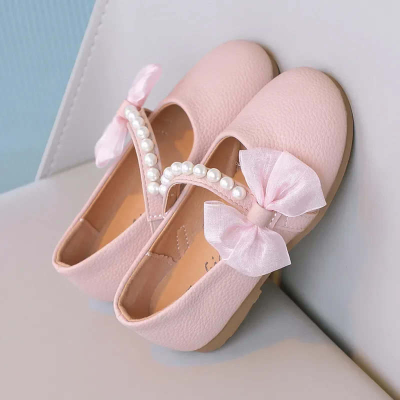 Girls Pearls Leather Shoes for Party Wedding Children Elegant Princess Shoes with Bow-knot Kids Flats Mary Janes Shoes Round-toe