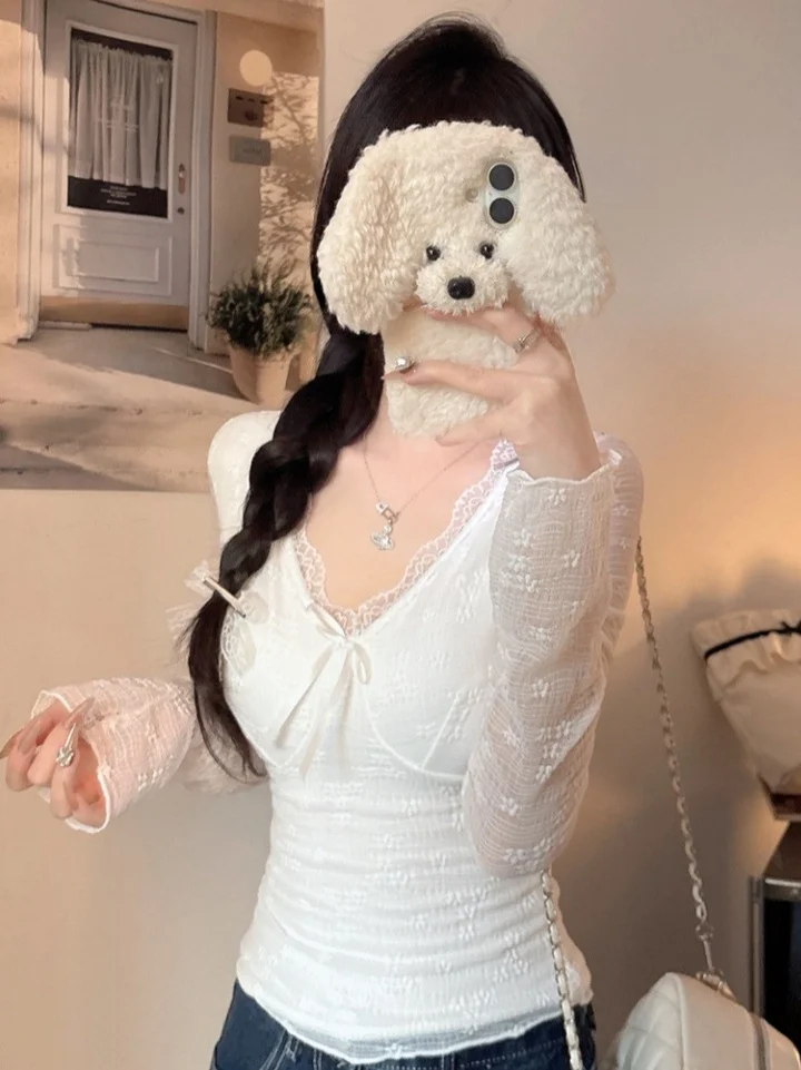 Pure Desire dentelle garniture v-ne Base irt femmes hiver nouveau Sle coupe ajustée taille Cinch Unique haut doux Sle Long Sve T-irt