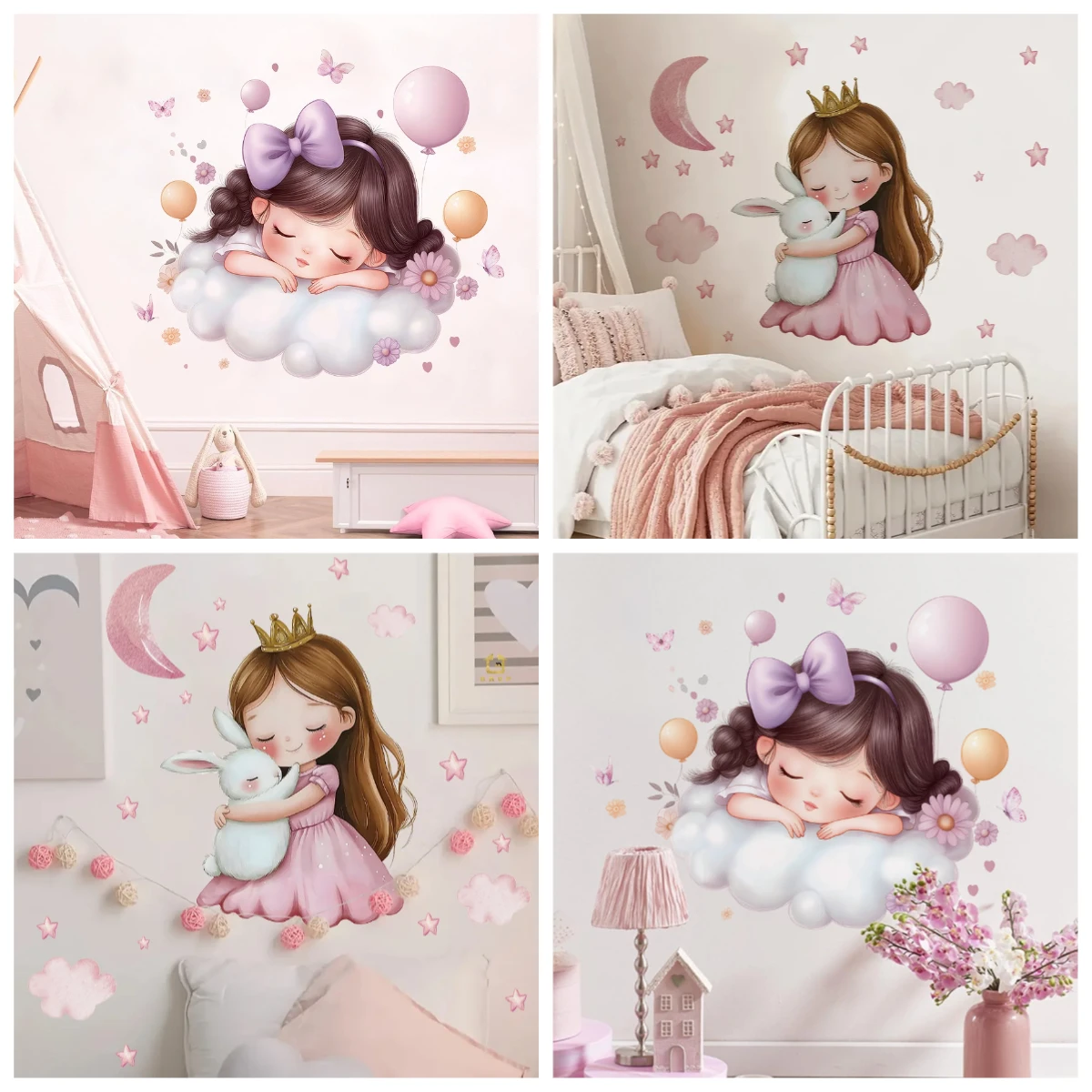 Cute Cartoon Girl Hugging Rabbit Wall Sticker Nursery Kids Room Decor Removable Self-Adhesive Home Art Decal