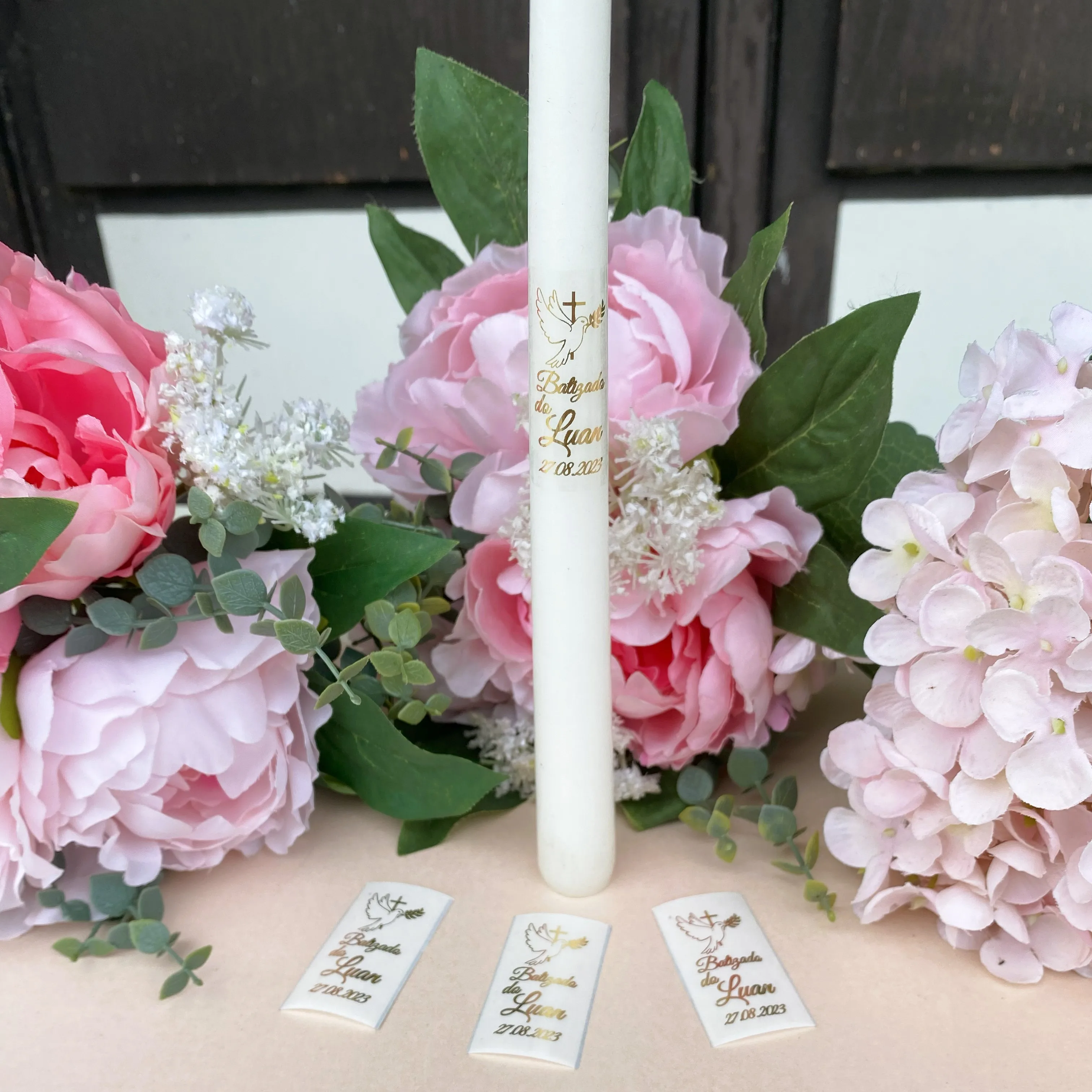 10 Personalized My Baptism Taper candle stickers Baptism Dove Cross Label decorations Wedding First Communion decor