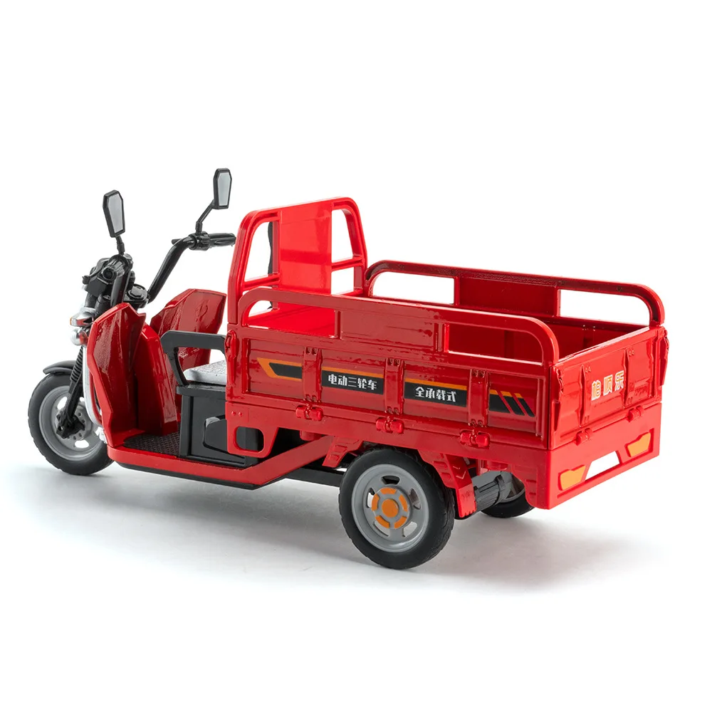 Modelo de aleación de triciclo eléctrico 1:12, coche de juguete fundido a presión, motocicleta, rueda delantera, dirección, sonido, luz, vehículo extraíble, juguete para coleccionar