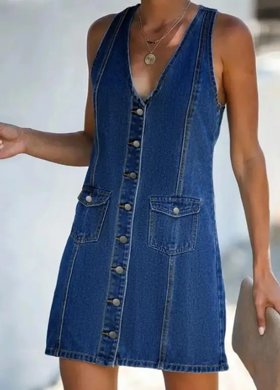 

2025 Summer New Retro Style V-Neck Button Front Loose Sleeveless Denim Dress for Women, Fashionable and Casual Sexy Denim Dress