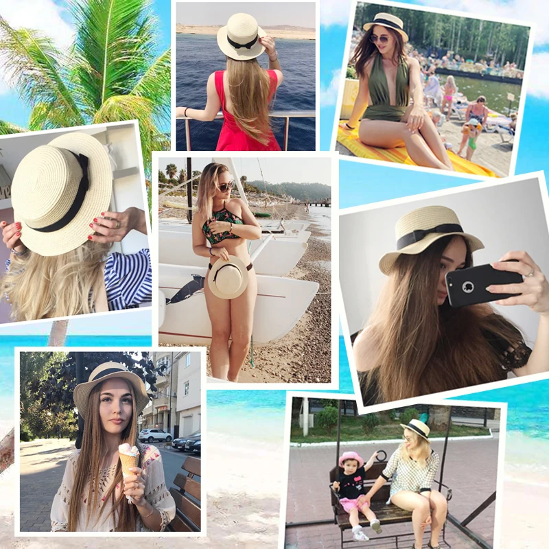 Straw Hat Women Summer Hat Beach Ladies Casual Flat Brom Bowknot Panama Hat Breathable FashBreathable Fashion Sun Hats For Women