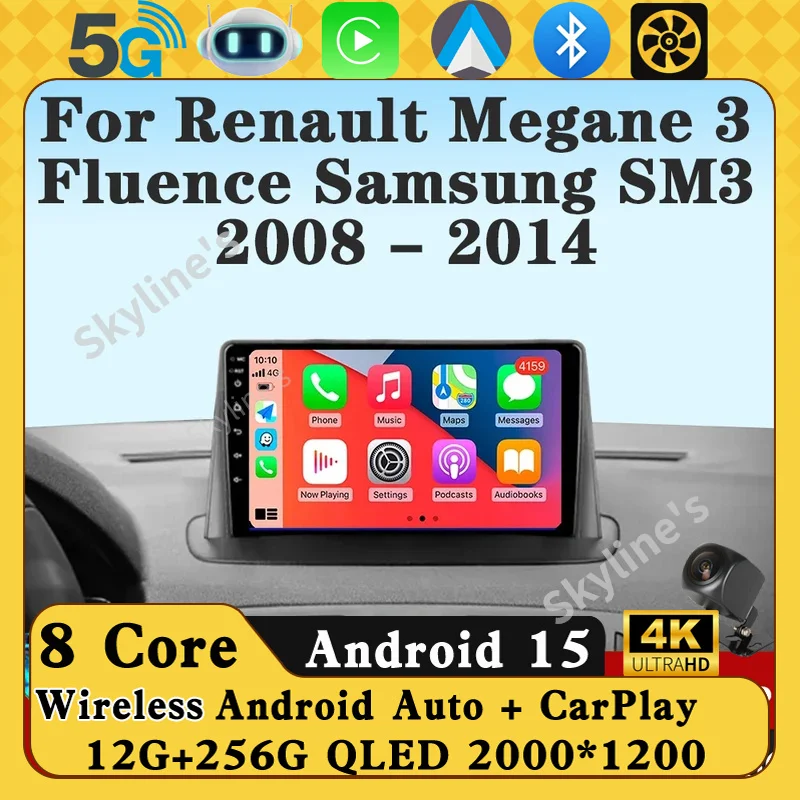 Android 15 para renault megane 3 fluence samsung sm3 2008 - 2014 carplay rádio do carro navegação gps reprodutor multimídia wifi + 4g bt