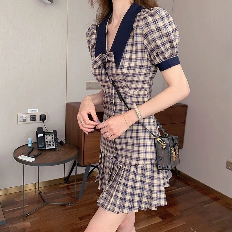 Vintage Plaid Printed French Style Casual Sweet Chic Bow Pleated Sexy Dresses for Women Summer Puff Short Sleeve Club Mini Dress