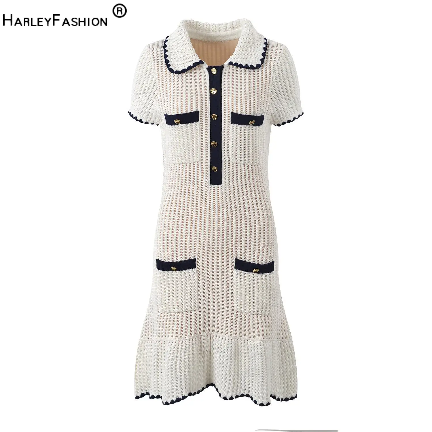 Summer Vintage Color Block Elegant Style Lady Turn-down Collar Single-breasted Short Sleeve Women Knit Flared Hem Mini Dress