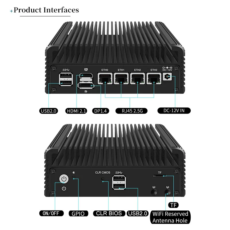 Zelroute Fanless Mini PC N100/N200/i3-N305 DDR5 16G + SSD 256G Mini Ordinateur, 4 LAN Ethernet DP & HDMI Touristes Affiche Win11