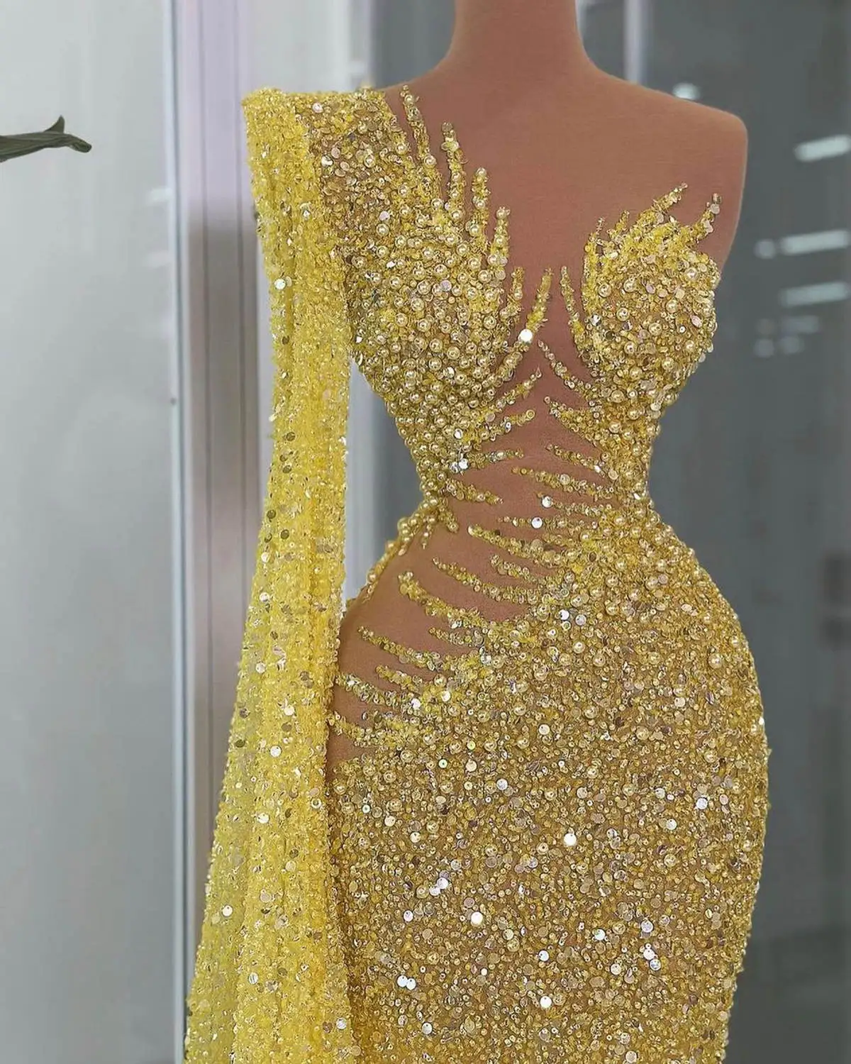 One Shoulder Mermaid Prom Gowns Sparkling Pearls Sequins Floor Length Cloth Party Dresses Trumpet Evening Dresses