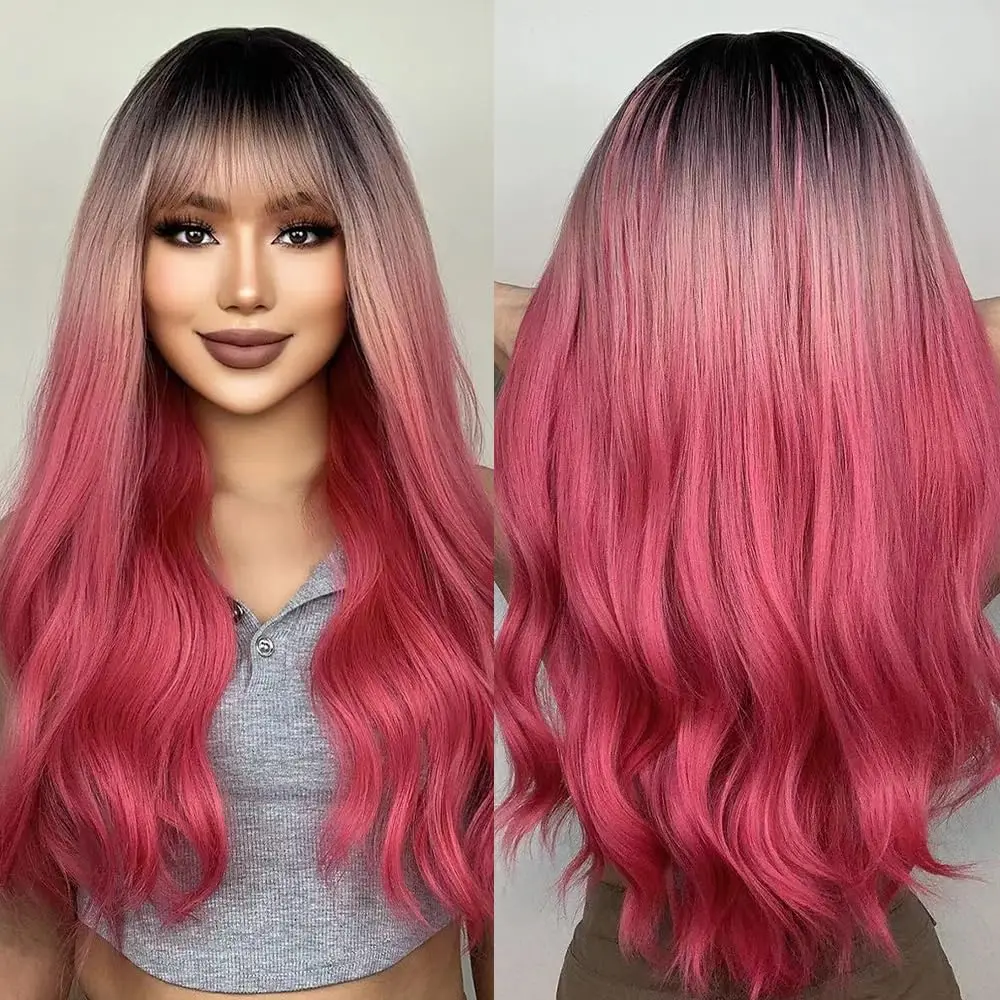 HAIRJOY Kunsthaar-Perücken, lange Ombre-Perücken in Rosa und Rot, gewellte Perücken für Frauen, schwarz-rosa lockige Perücken mit Pony, dunkle Wurzeln, Cosplay-Perücke