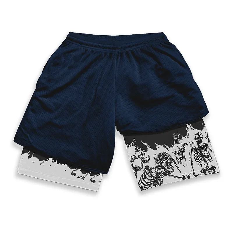 Berserk Skull Print 2 in 1 Running Workout Shorts for Men Gym Athletic Quick Dry Stretch Shorts with Pockets Summer Activewear