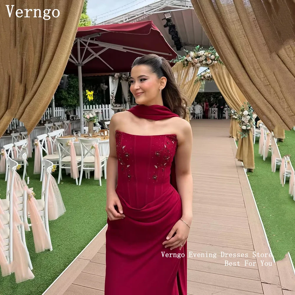 

Verngo Burgundy Crepe Evening Dress Strapless Pleated Sequined Prom Gowns Elegant Maxi Scarf Party Dresses Customized
