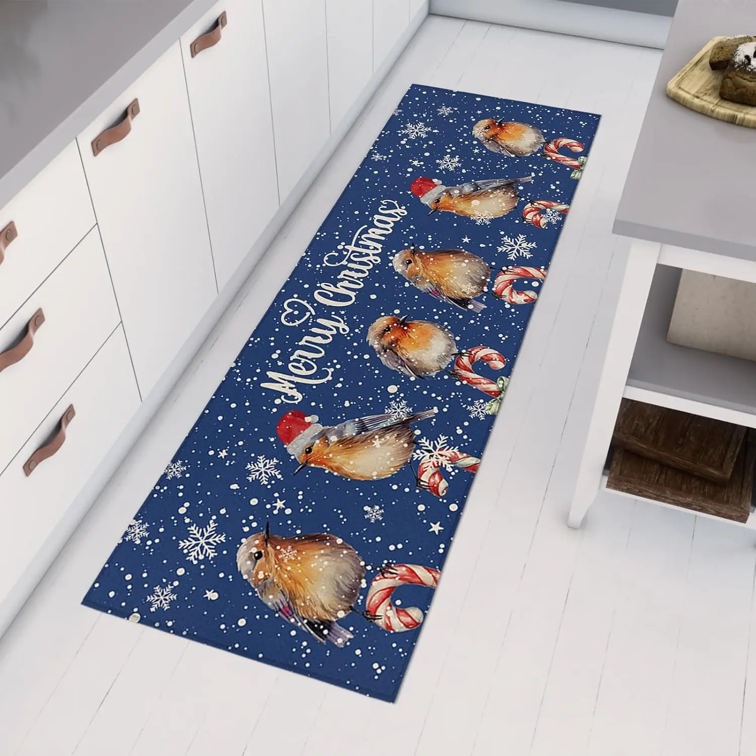 Christmas Robin Candy Snowflake Kitchen Mat Decor Winter Xmas Non-Slip Corridor Balcony Rugs Bedroom Bedside Floor Mat Decor