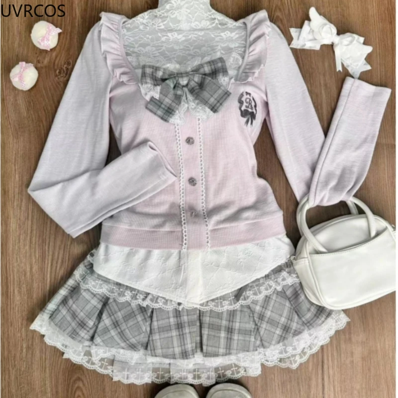 2024 Japan Kawaii Lolita 2 Piece Set Women Bow Slim Cardigan Gothic Cute A-line Plaid Mini Skirt Suit Preppy Style Sweet Uniform