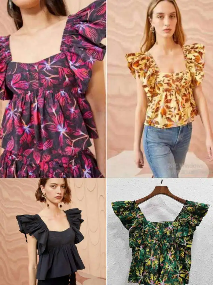 

2023 new Women print shirt tops square neck ruffle sleeve blouse