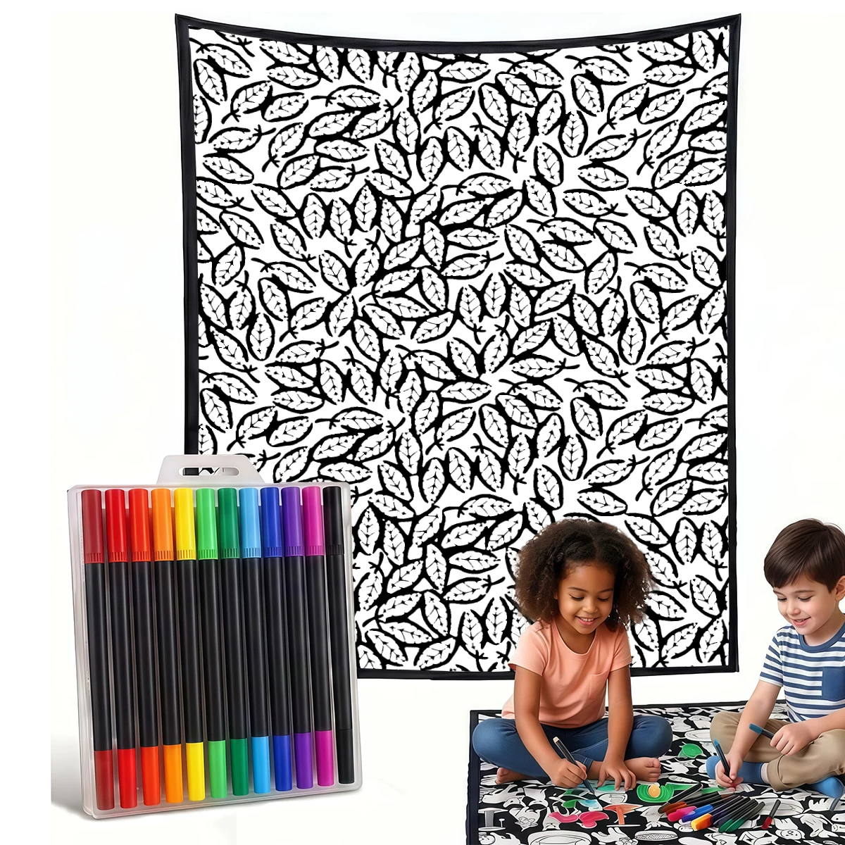 Teal White Leaves DIY Cozy Coloring Blankets -24 Markers, Cozy Velvet Ideal For Daily Use Home Decor And Kids Spaces
