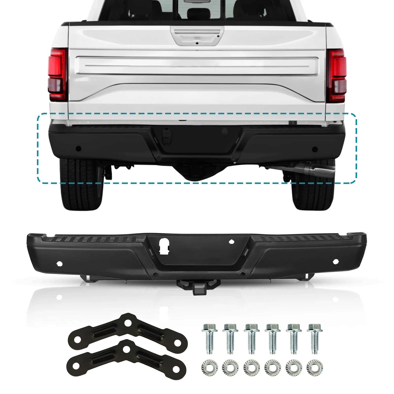 Black Rear Bumper Assembly For 2015-20 Ford F-150 w/Max Tow Hitch w/Sensor Holes