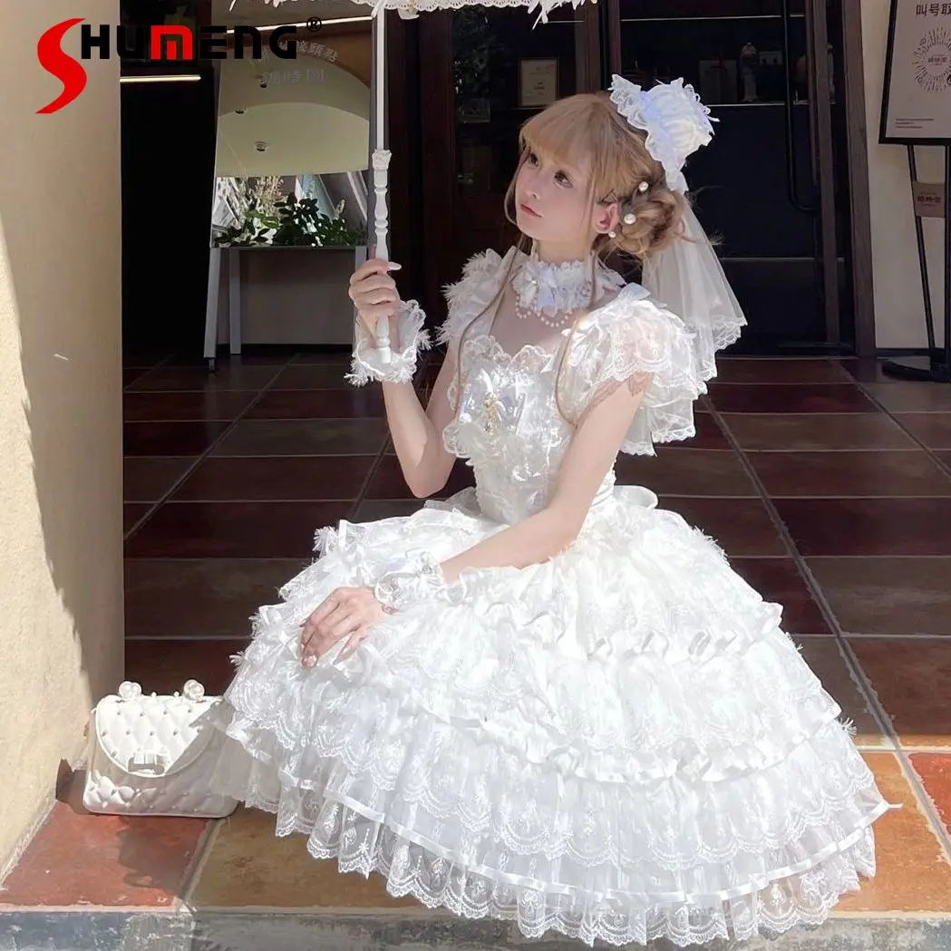

Japanese Sweet Ballet Style Princess Birthday Party Dress Flying Sleeve Lace Bow High Waist Kawaii White Lolita Dresses Women